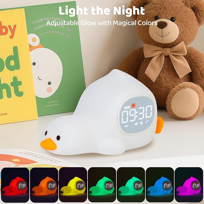 Laying Duck Alarm Clock with Night Light for Kids with Sleep Training and Sound Machine, Rechargeable Silicone Lamp OK to Wake Clock，Cute Animal Tabletop Lamp, Perfect Sleep Companion for Boys Girls