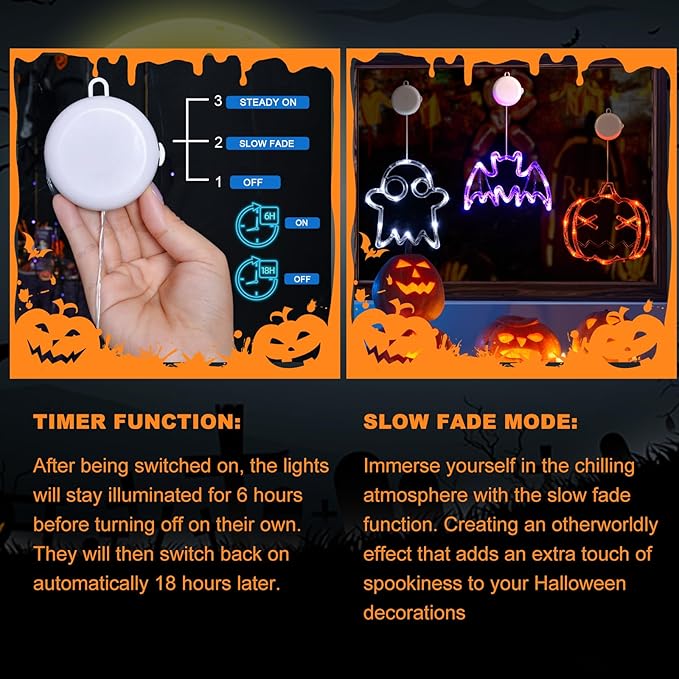 LOLStar Halloween LED Lights Decorations 2025 Orange Pumpkin White Ghost Purple Bat Window Display with Suction Cups, Battery Operated Window Decor Slow Fade Mode and Timer 3-Pack