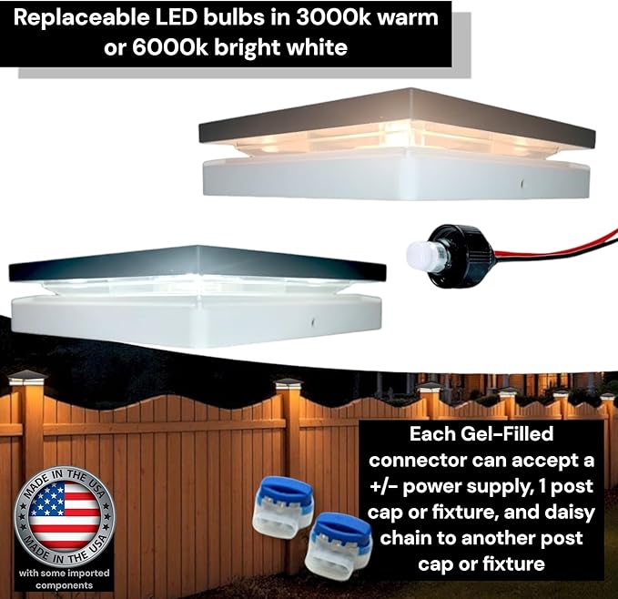 DekLights® DIY Line LED Lighted Post Cap for 6x6 Wood Posts (True 5.5"x5.5"). Our 12volt Low Voltage with Replaceable LED Bulb. for Your 6x6 Fence Posts (Black & White Cap 6000k Bulb)