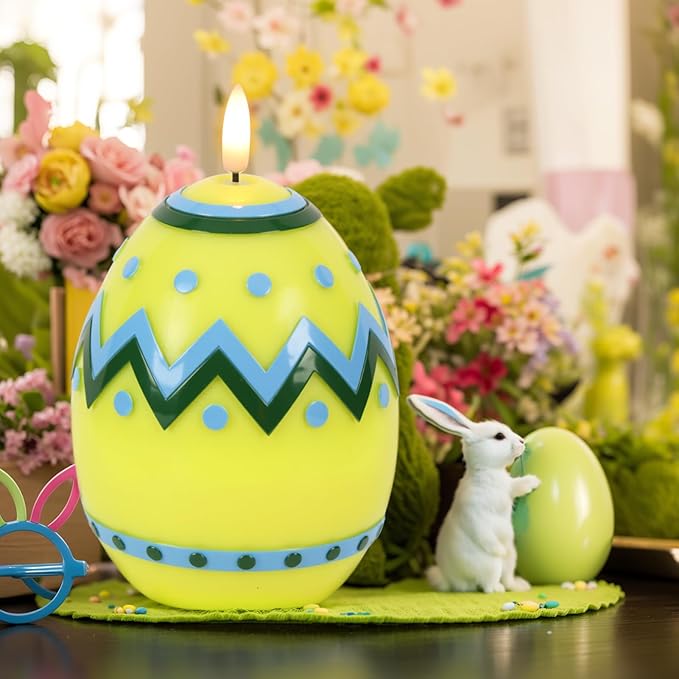 DRomance Easter Flameless Candles Battery Operated with 6 Hour Timer Battery Operated Real Wax Color Painted Easter Egg Shaped LED Flickering Candles Dinner Spring Holiday Decor(Yellow, 2.4"D x 6.3"H)
