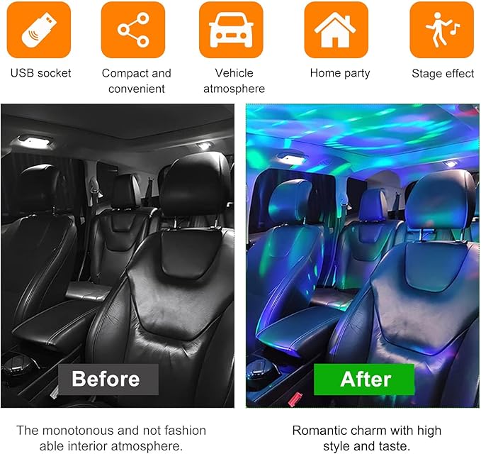 2 PCS USB Star Night Light Projector, Portable Car Roof Sound Activated Atmosphere Lamp, Adjustable Auto Interior Atmosphere Decorative Light for Vehicle, Bedroom, Ceiling, Party