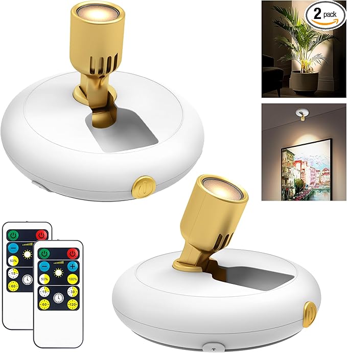 Led Spotlight Battery Powered,Wireless Picture Lighting for Painting Art Display on Wall with Remote, Indoor Uplight for Tree Plants, Dimmable Puck Accent Light for Painting Frame Portrait Gallery