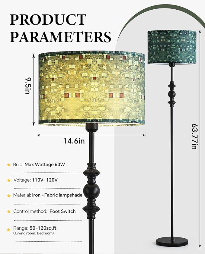 Vintage 63” Tall Floor Lamp for Living Room Bedroom, with Green Print Shade, Green Mid Century Modern Floor Lamp for Bedroom Office