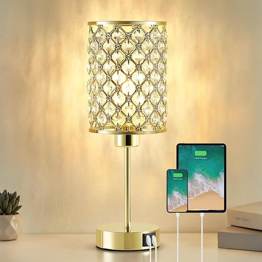 GyroVu Crystal Table Lamp, Gold Touch Lamp for Nightstand with USB C+A Ports, Dimmable Lamp with Crystal Shade, Bedside Lamp Small Lamp for Bedroom, Living Room(Buld Included)