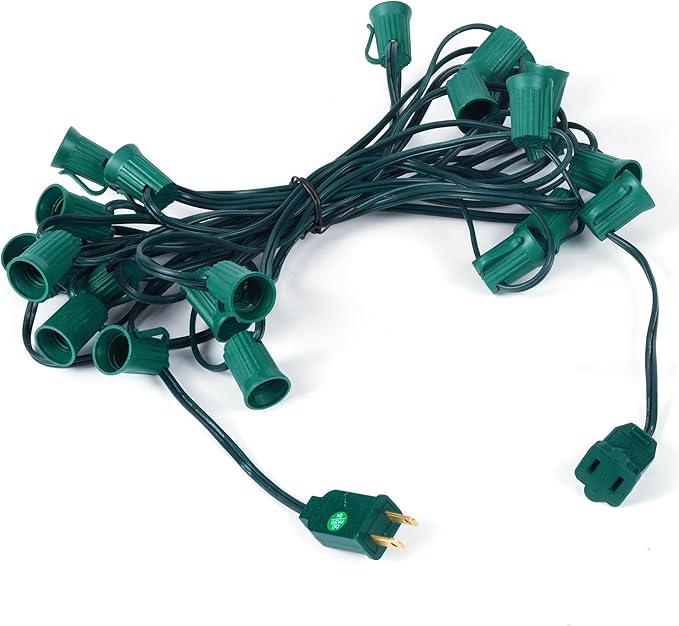 Brightown C9 Light Strand, 25FT Green Cord Outdoor String Lights Christmas Stringer with 12" Socket Spacing, C9/E17 Intermediate Base Indoor/Outdoor Stringer Set for Christmas Decor Patio