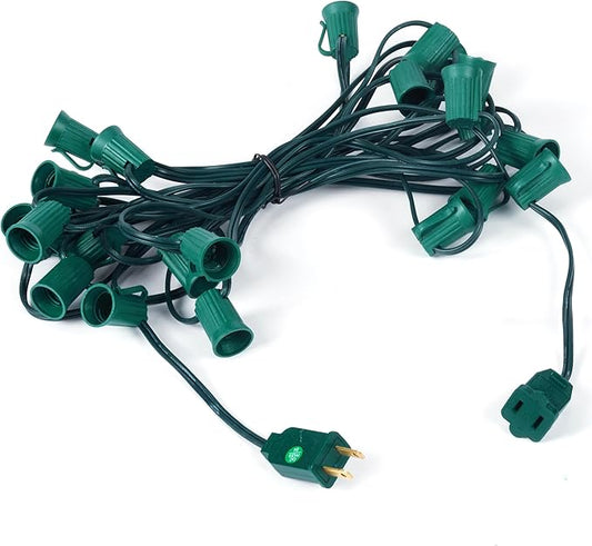 Brightown C9 Light Strand, 25FT Green Cord Outdoor String Lights Christmas Stringer with 12" Socket Spacing, C9/E17 Intermediate Base Indoor/Outdoor Stringer Set for Christmas Decor Patio