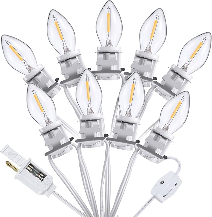 Meonum Accessory Cord with 9 LED Bulb, C7 Christmas Village Light Cord with Two Spare Fuse, Blow Mold String Lights with Switch, Xmas Decoration for Xmas Village Houses Salt Lamp