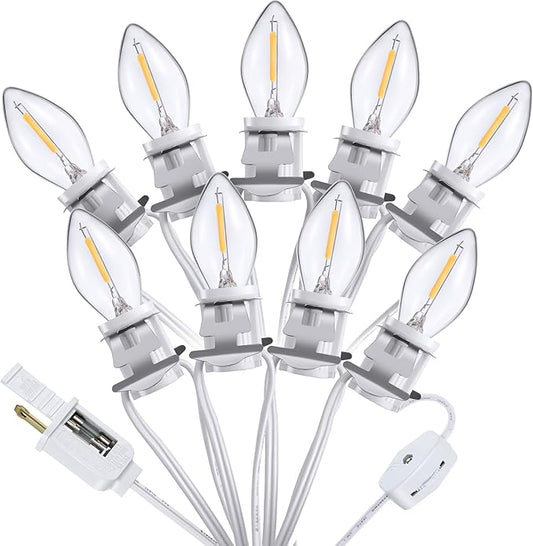 Meonum Accessory Cord with 9 LED Bulb, C7 Christmas Village Light Cord with Two Spare Fuse, Blow Mold String Lights with Switch, Xmas Decoration for Xmas Village Houses Salt Lamp