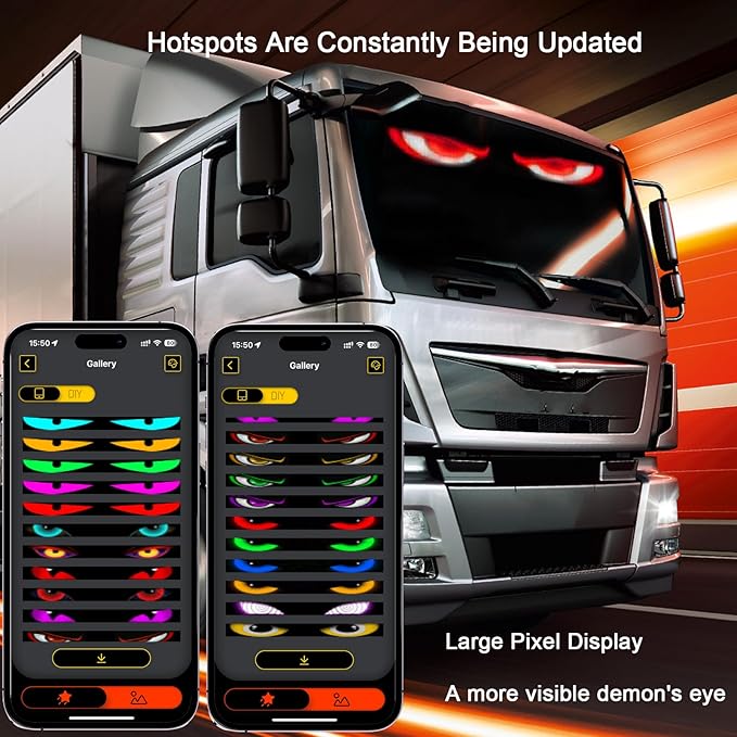 Large LED Devil Eye Lights for Windshield 52"x7.5" [Advanced Chip, 100% Synced Dual Screen] Programmable Custom Big LED Cat Eyes Display for Truck/Golf Cart Window with Remote & APP Control