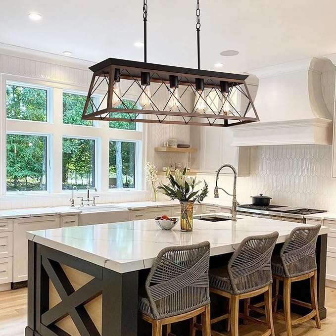 Q&S Farmhouse Rustic Chandelier Light Fixtures Bronze 5 Lights Linear Rectangular Chandelier Pendant Light Fixtures for Dining Room Kitchen Island Pool Bar Office Living Room Entryway UL Listed