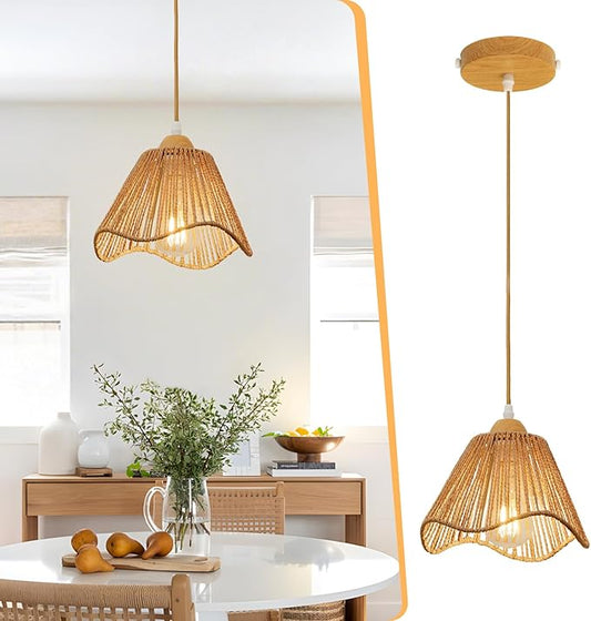 Wave Rattan Chandelier Pendant Lights Kitchen Island,Farmhouse Boho Chandeliers Adjustable Height Hanging lamp for Dining Room,Kitchen Ceiling Light Fixtures with Hand Woven Wicker Lampshade