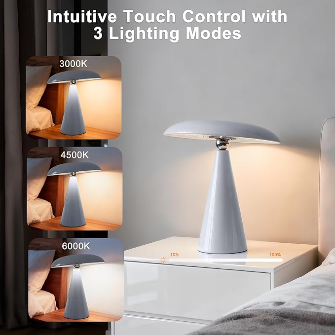 Mushroom Lamp Mid Century Modern Table Lamp, LED Cordless Rechargeable Bedside Light, Dimmable Touch 3-Color Temp, Retro Small Lamp for Bedroom, Living Room，Aesthetic Decor(Gray)