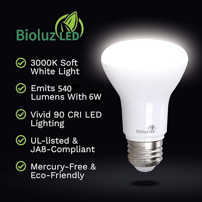 Bioluz LED BR20 LED Light Bulbs 10-Pack, 6W = 50W, 3000K Soft White Light Bulb, 540 Lumens, 90 CRI, Dimmable LED Light Bulbs, UL-Listed for Indoor/Outdoor, CEC Title 20 Compliant Flood Light