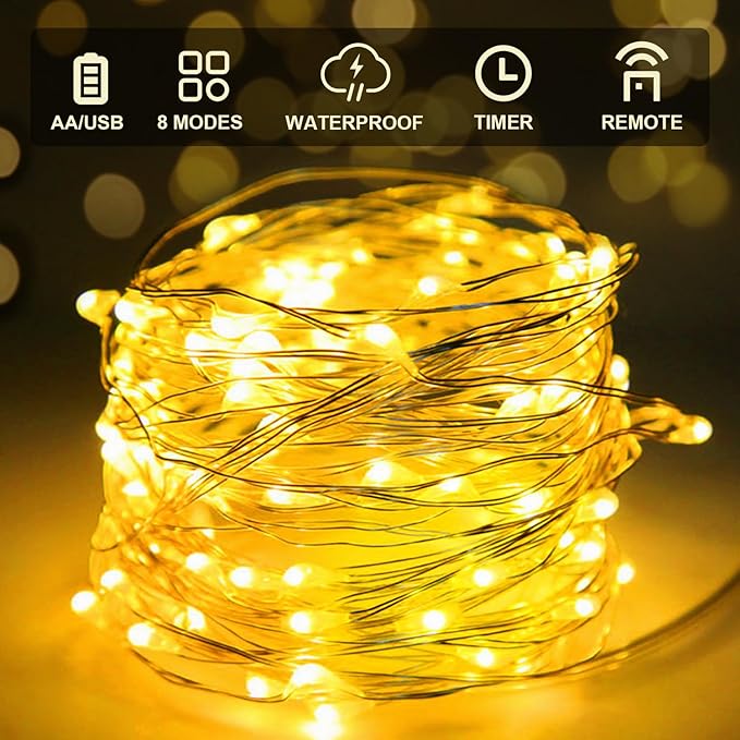 Aogist 50LED Fairy Lights 16ft Dual Power(USB/Battery) with Remote & Timer, 8 Modes Flexible Copper Wire Waterproof String Lights for Outdoor Christmas Wedding Bedroom Party Decor-1 Pack,Warm White