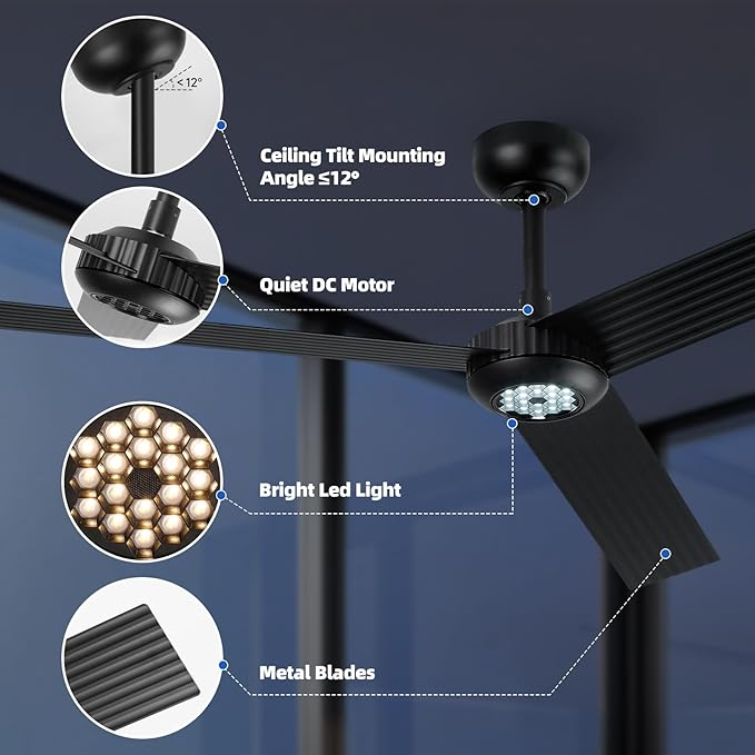 TALOYA 52 inch Modern Ceiling Fan with Lights,Remote Control,3 Metal Blades,Black Finish,6-Speed,Dimmable, Noiseless Reversible DC Motor,Indoor/Outdoor Ceiling Fan for Living Room Bedroom patio