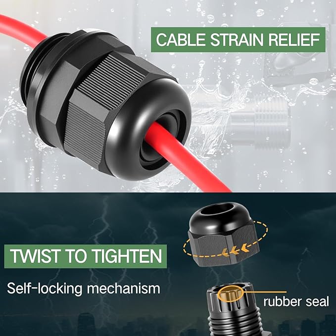 100 Pcs 3/4" NPT Black Nylon Cable Gland, Waterproof IP68 Adjustable Locknut Cable Diameter Waterproof Connectors Black Cord Grip