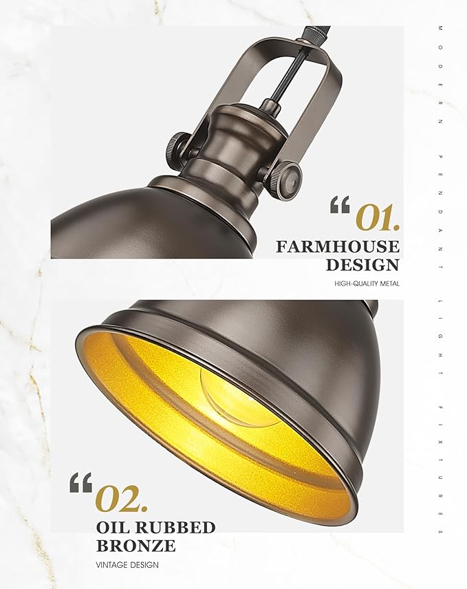 2-Pack Pendant Lights Kitchen Island, 8" Farmhouse Hanging Lights Fixtures with Metal Shade, Rustic Kitchen Pendant Lighting Over Island for Dining Room, Oil Rubbed Bronze, AD-2151-2PM-ORB