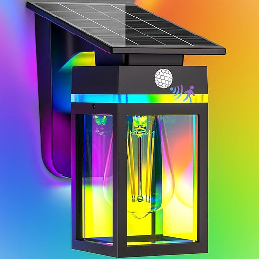 RGB Solar Wall Lights Outdoor, Dusk to Dawn & Motion Sensor Porch Light with Lantern Shape, 10 Modes (RGB Cycle/Fixed) IP65 Waterproof, E26 Bulb Exterior Sconce for Front Porch, Garage, Patio
