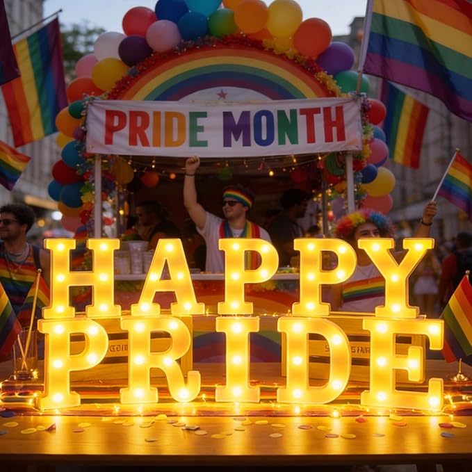 10 Pcs Happy Pride Decorations Pride LED Letter Sign Battery Powered Rainbow Party Deco Transgender Pansexual Bisexual LGBT Gay Table Decorations for Party Supplies
