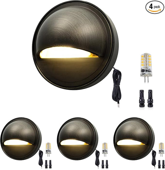 Gardenreet Low Voltage Deck Lights - Solid Brass Landscape Step Lights LED, 12V Hardwired IP65 Waterproof, Bronze Round Lighting for Fence Wall Yard with 3W 4000K Cool White G4 Bulb 4Pack