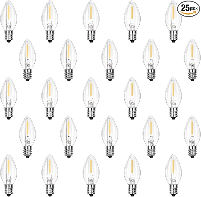 25 Pack LED C7 Clear Replacement Bulbs,Clear Christmas Light Bulbs 0.6Watt Dimmable E12 LED Light Bulbs for Night Light Candles Chandeliers Christmas String Lights, Warm White