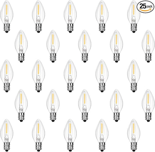 25 Pack LED C7 Clear Replacement Bulbs,Clear Christmas Light Bulbs 0.6Watt Dimmable E12 LED Light Bulbs for Night Light Candles Chandeliers Christmas String Lights, Warm White
