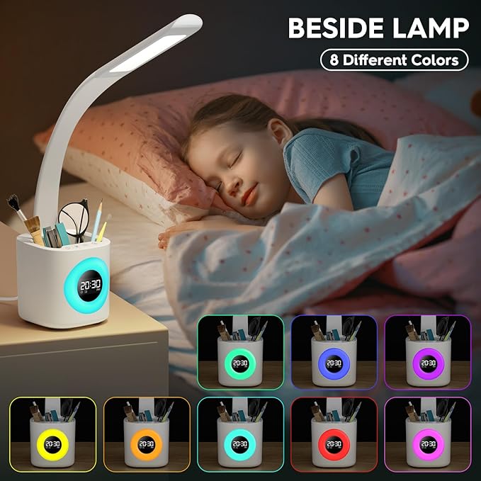 Hokone Desk Lamp for Kids, LED Desk Light for Home Office Dimmable USB Table Lamps with Clock Pen Holder Adjustable Desk Lamps with Color Night Lamp,Children's Christmas Gifts White