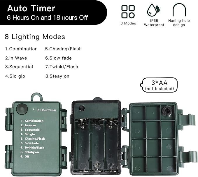 50LED Mini Lights,Green Wire,Waterproof Battery Case,Multi Functions,Timer,Multi