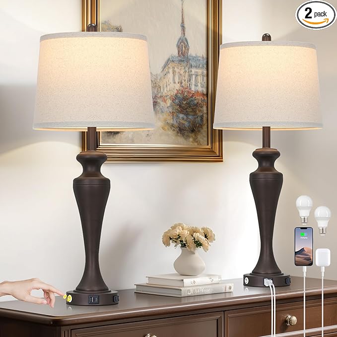 30" Brown Table Lamps Set of 2, 3-Way Touch Control Bedside Lamp with USB A+C Ports and AC Outlet, Tall Living Room Lamps for End Table, Elegant Coffee Bedroom Lamp for Night Stand