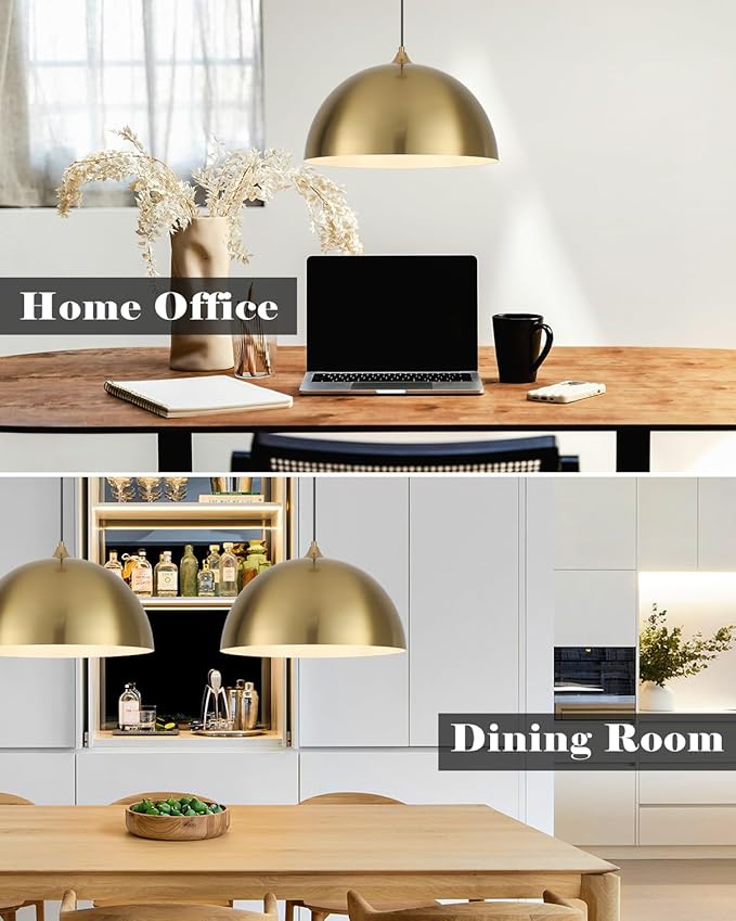Gold Pendant Lights Kitchen Island, 16 Inch Gold Dome Pendant Light, Modern Farmhouse Pendant Light for Kitchen Island, Dining Room, Cafe, Bar, 2 Pack