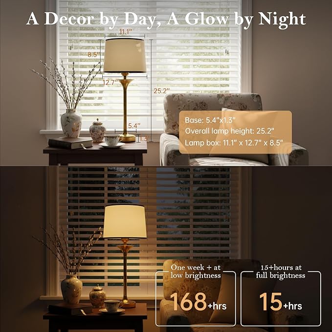 Mid Century Modern Cordless Table Lamp Set of 2, Gold Glam Table Lamp with Tapered Fabric Shade, Classic Elegant Table Lamp for Living Room Bedroom Entryway Console, Detachable Magnetic Bulb, 10000mAh