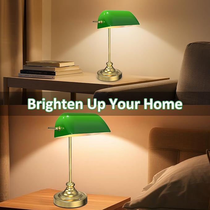 Green Bankers Desk Lamp - Rechargeable Cordless Table Lamp with Dimming, Vintage Library Lamp with Light Bulb Set for Home Office