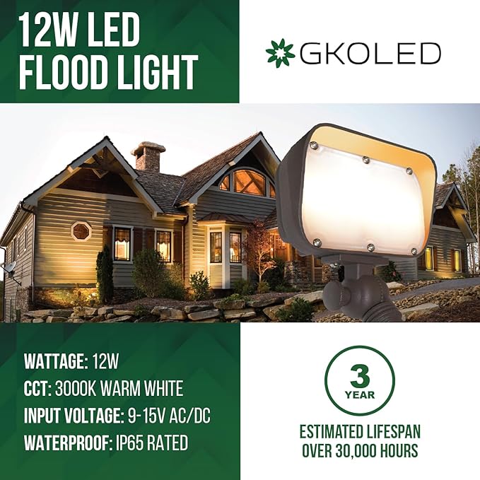 GKOLED 12W LED Flood Lights Outdoor, Aluminum Low Voltage Security Lights, Knuckle Mount Waterproof Wall Light, Landscape Lighting for Yard House Garden Garage, 9-15V, 800 Lumen, 3000K, Brown