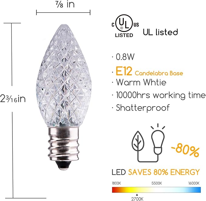 25 Pack C7 Led Replacement Christmas Light Bulb, C7 Shatterproof Led Bulbs for Christmas String Lights, E12 Candelabra Base, Commercial Grade Dimmable Holiday Bulbs, Warm White