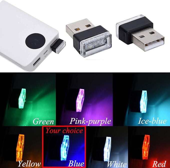 Febrytold 4Pcs Blue USB Car Interior Atmosphere Lamps, Universal Mini Led USB Lights for Car Decoration, Lighting
