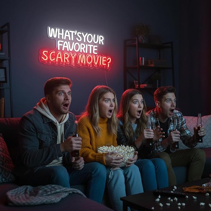 What's Your Favorite Scary Movie Neon Sign,Horror Movies Neon Signs For Wall Decor,LED Sign Wall Decor for Home,Movie Room,USB-Powered with Dimmer Function,for Spooky Season and Horror Fans
