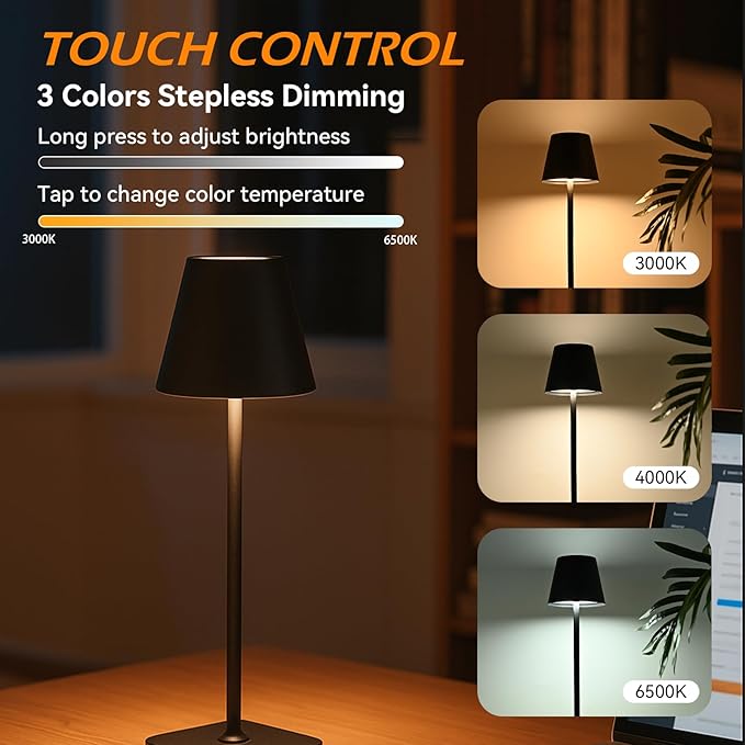 4-Pack Rechargeable Cordless Table Lamps, Battery-Operated Wireless Minimalist Table Lamp, 3 Colors Stepless Dimming LED Adjustable Height Table Lamp for Dining/Bedside/Camping (4, Black)