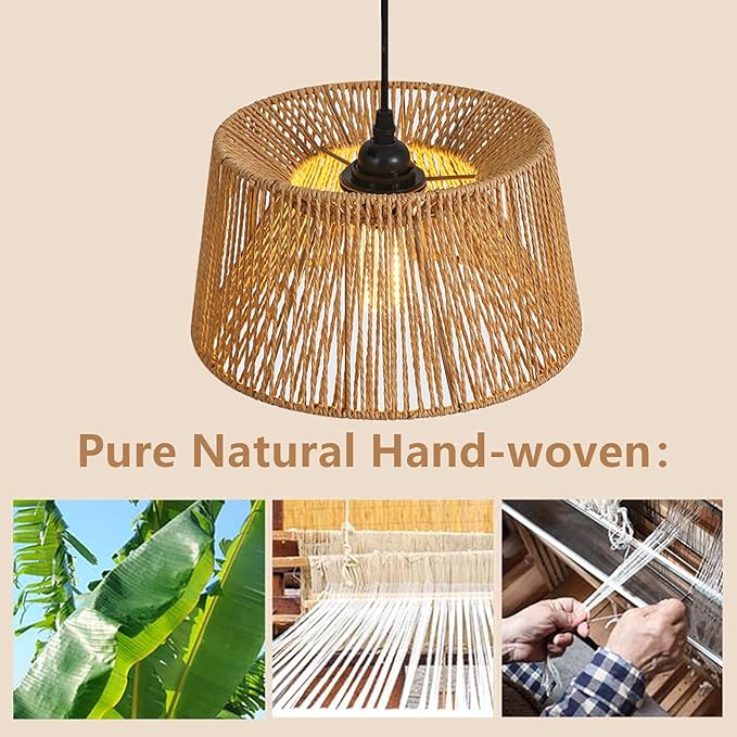 Rattan Pendant Light,boho hanging light Fixture Kitchen Island,Handwoven wicker Flush Mount ceiling light fixtures,Coastal Natural rattan chandelier for dining room Bedroom Living Room Hallway