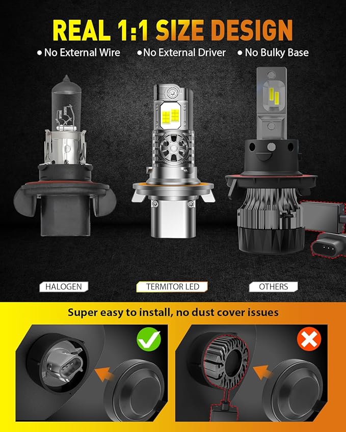 Upgraded H13/9008 Light bulb Hi/Low Beam, 40000LM 900% Super Bright, 6500K Cool White Fog Light Bulb,IP68 Waterproof, Real 1:1 Halogen Mini Size, Plug-N-Play, Pack of 2