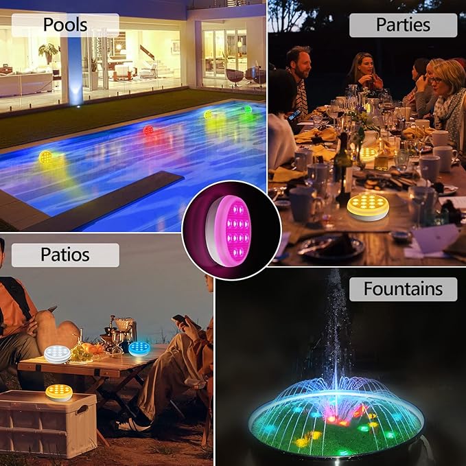 Pool Lights, Rechargeable Submersible LED Lights, IP68 Waterproof Underwater Light, 16 Color Changing Floating Lights with Remote, Magnets, for Bathtub,Pond,Party-6 Pack