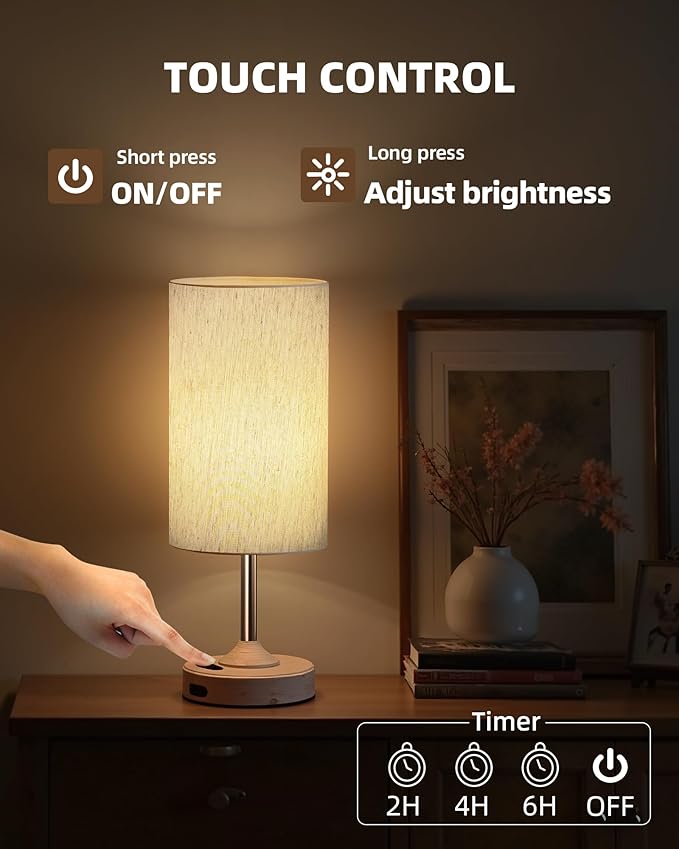 EZVALO Cordless Table Lamp, Ambient Light, Dimmable, Touch, Timer, 2700K, Bedroom, Portable, LED, Wireless, Rechargeable, Battery Operated, Desk Lamp, Fabric Shade, Wood-Grain Finish, Living Room