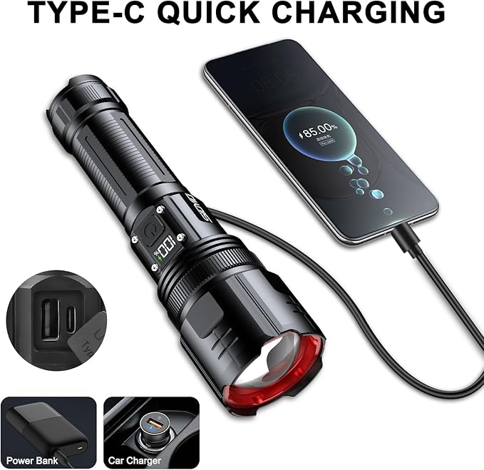 Flashlights High Lumens, USB Rechargeable Flashlight with LCD Digital Power Display, Zoomable LED Super Bright Flash Light, 4 Mode, IPX5 Waterproof for Camping, Emergencies and Outdoor