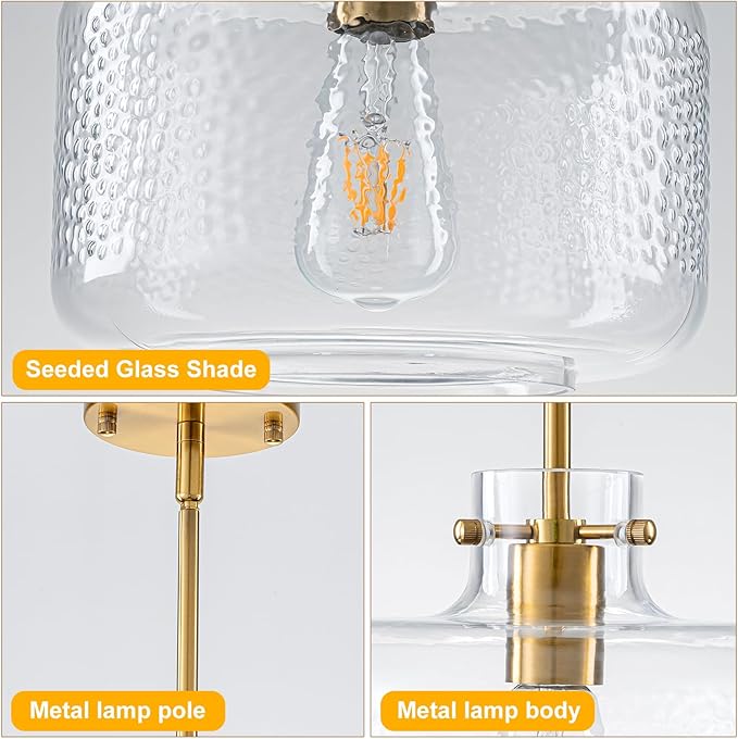 WILON Gold Pendant Lights Kitchen Island, Embossed Clear Glass Chandelier Pendant Light Fixture, Industrial Round Ceiling Pendant Light Fixture for Dining Room Kitchen Island Foyer Entryway(Brass)