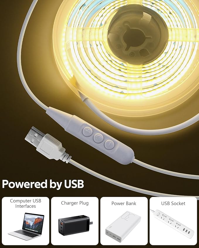 Aclorol 5V USB COB LED Strip Light 4.92FT 480LEDs Flexible TV Backlights Warm White 3000K Dimmable LED Light Strip with Self-Adhesive for Bedroom Closet Under Cabinet Monitor Desk Home Decor 8mm Width