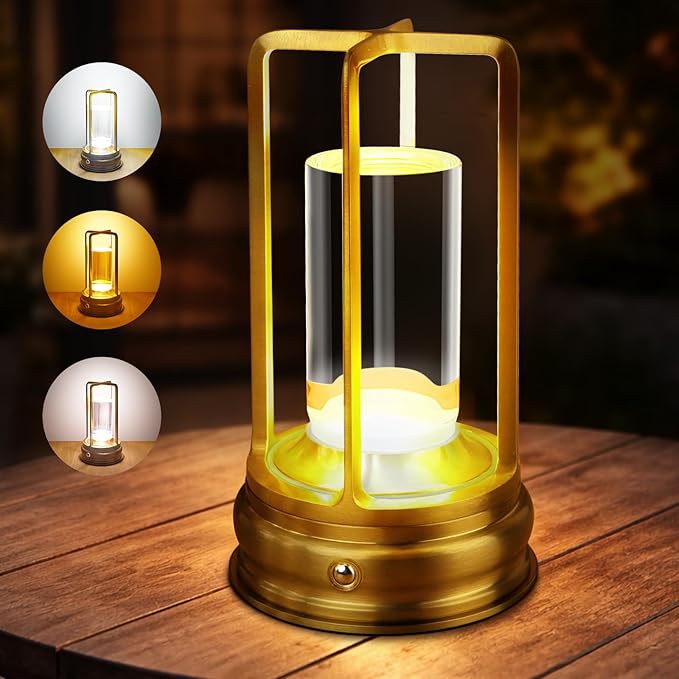 Cordless Table Lamp - Rechargeable LED Lamp with 2000mAh Battery, 3 Color Stepless Dimming & Touch Control, Portable Lamp for Indoor Outdoor, Bedroom, Restaurant, Bar, Patio, Camping, Gold