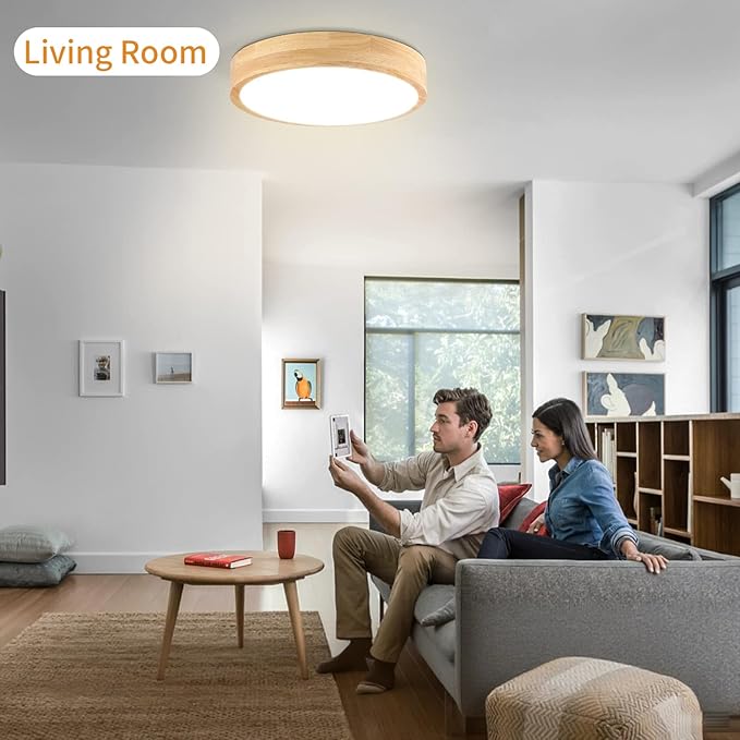 Led Ceiling Light Flush Mount: 12 Inch 24W Wood Bedroom Light Fixture with Round Modern Flat Overhead Minimalist Ceiling Lamps for Kitchen Hallway Laundry Natural White 4500K, Not Dimmable