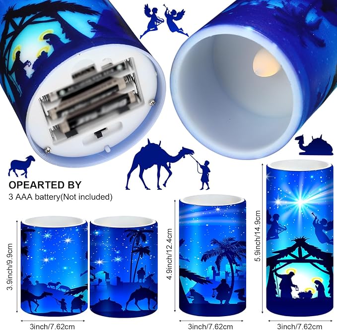 Tiamon Christmas Nativity Scene Candles LED Religious Theme Flameless Candles Battery Operated LED Warm Light Flickering Pillar for Xmas Holiday Table Decorations (Romantic)
