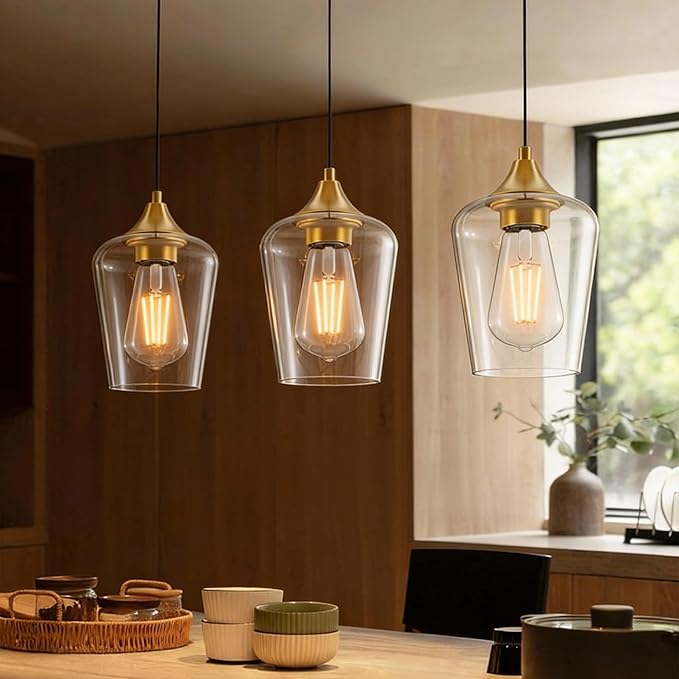 Ralbay Farmhouse Brushed Gold Pendant Light 3-Pack, Pendant Light Fixtures with Wine Clear Glass Shade, Kitchen Island Lighting for Dining Room, Rustic Adjustable Hanging Lighting Fixture