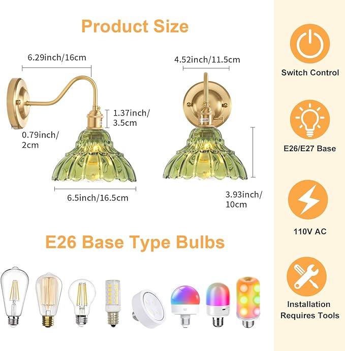 Battery Operated Wall Sconce Set of 2, Vintage Rechargeable Wall Lights with Green Lily Glass Shade, Wireless Indoor Wall Lamp with Remote for Bedroom Living Room Bathroom