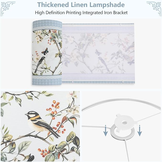 Fabric Linen Lamp Shade, Floral and Bird Pattern Lampshade, Blue Lamp Shades for Floor Lamps fit with Spider/Uno, 13x13x10inch Drum Lampshades for Table Lamp/Pendant (1Pack/Easy Assemble)